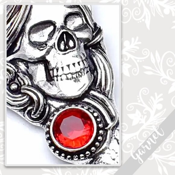 Garnet Dia de Los Muertos Woman’s Skull Silver Artisan Pendant 3.1” (Bright Red) - Picture 2 of 2